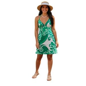 H&M Green And White Cotton Dress with Floral Design
